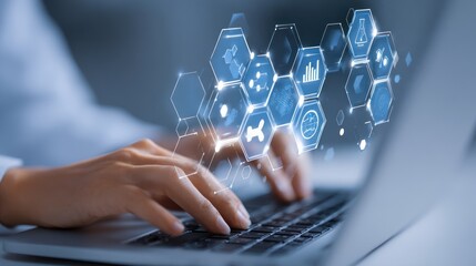 Digital Synergy: Close-up shot of hands typing on a laptop keyboard, intertwined with holographic, geometric interfaces, emphasizing technological advancement and connectivity.
