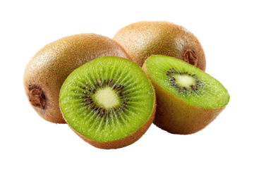 Three kiwifruit, one whole and two halves, displayed against a black background.  The whole fruit and one half show light brown skin.