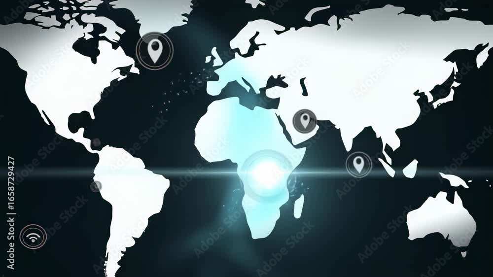 Poster global network visualization with location pins and light effects