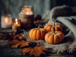 Rustic fall still life with mini pumpkins and candles