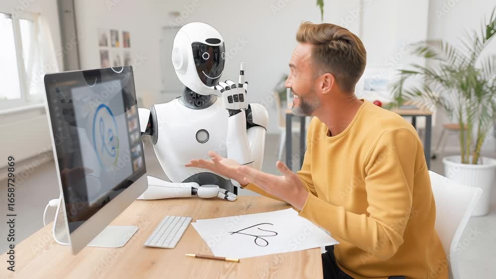 Poster smiling mature man in yellow sweater teaches robot to draw signature at modern workspace. white huma