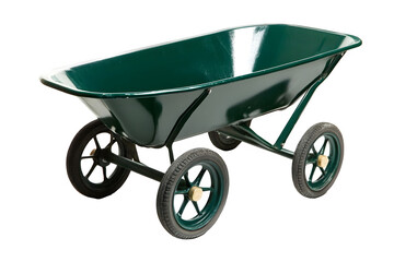 Green metal two wheeled garden wheelbarrow isolated on transparent background
