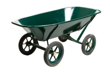 Green metal two wheeled garden wheelbarrow isolated on transparent background