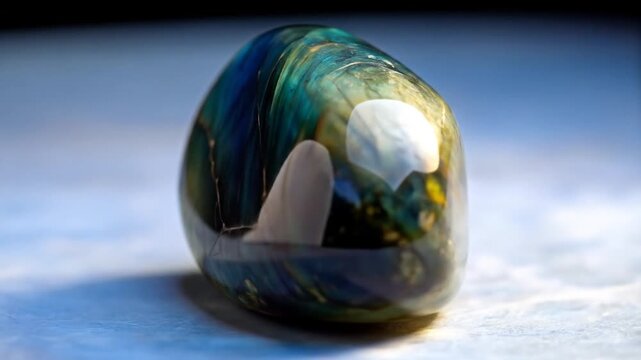 Iridescent Labradorite Gemstone with Blue Green and Gold Flash Luster on Light Blue Background Mineral Specimen Closeup