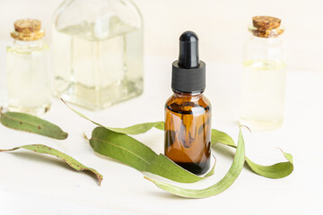 Eucalyptus essential oil on glass bottle with dropper