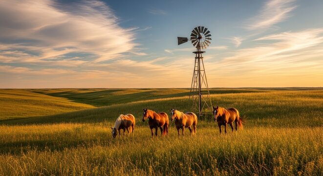 Horses grazing peacefully near a vintage windmill in a sprawling golden field at sunset.