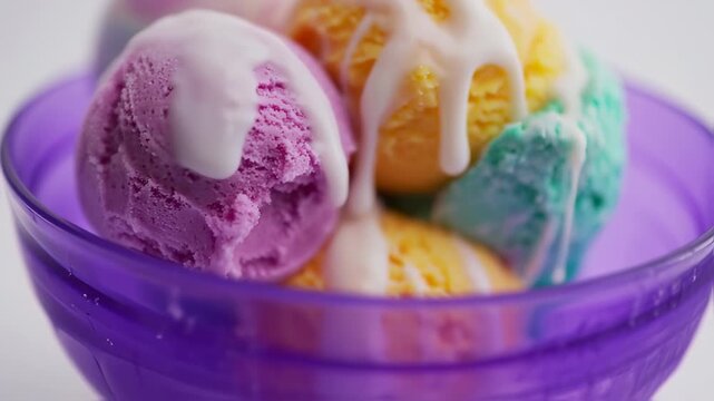Colorful ice cream scoops with sweet cream in a purple bowl - sweet summer dessert delicacy