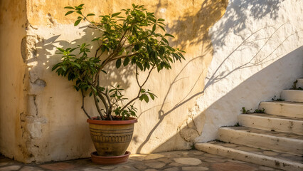 rustic wall with plant and dancing shadows  in the old town