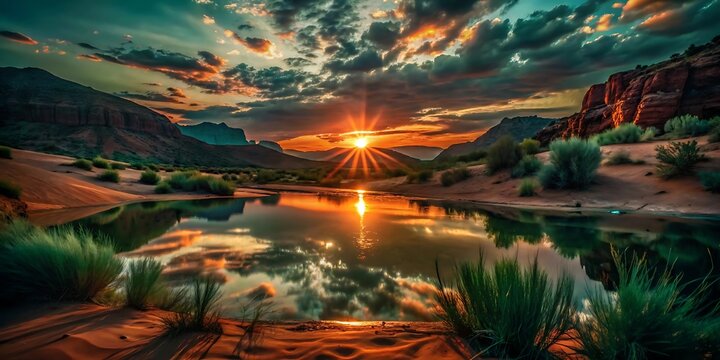 A serene lake reflecting a vibrant sunset with mountains and desert landscape in the background