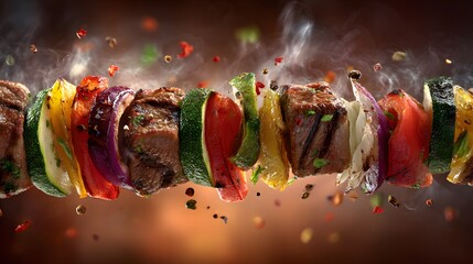Artful Culinary Display of Layered Shish Kebab with Grilled Ingredients, Fragrant Spices, and Gentle Glowing Backdrop Evoking Fresh Gastronomic Passion
