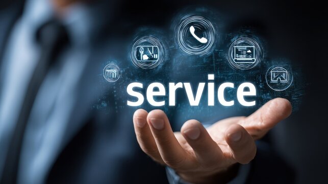 Customer Service in Hand: A hand cradles the word service, surrounded by digital icons, reflecting the modern essence of customer support and technological interaction.