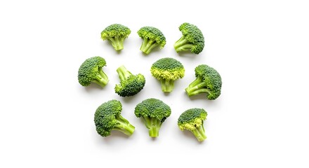 Freshly Harvested Broccoli Florets Arranged in a Circle on a White Background