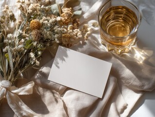 Business Card Mockup with Dried Flowers and Iced Tea
