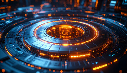Futuristic Tech Hub: A mesmerizing digital rendering showcases a complex, multi-layered technological structure with a vibrant interplay of lights and textures.