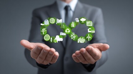 Embracing Sustainability: A corporate professional cradles the infinite loop, a powerful symbol of environmental responsibility and circular economy ideals. A visual metaphor for a green future.