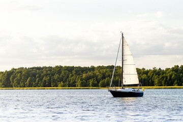 Sailboat gliding across calm waters, surrounded by lush green trees on the shoreline, under a...