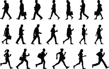  corporate, infographic, web useSilhouettes of walking and running business people in motion, flat vector illustration for office, presentation, corporate, infographic, web use