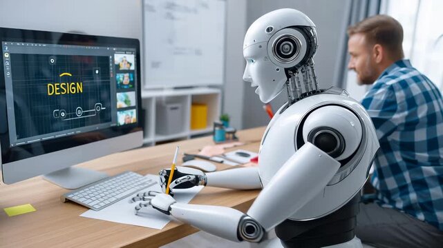 White humanoid robot works alongside human designer in modern office. Robot uses pencil, focuses on computer screen with design interface. Man in plaid shirt works in background