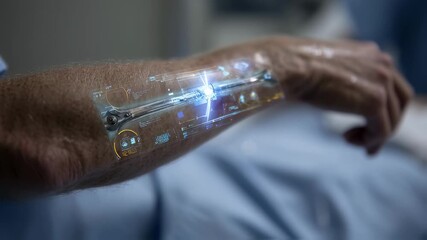 Medium view highlighting advanced AR interface overlay on a patients limb during orthopedic screw surgery the trauma bay environment subtly out of focus. - Powered by Adobe