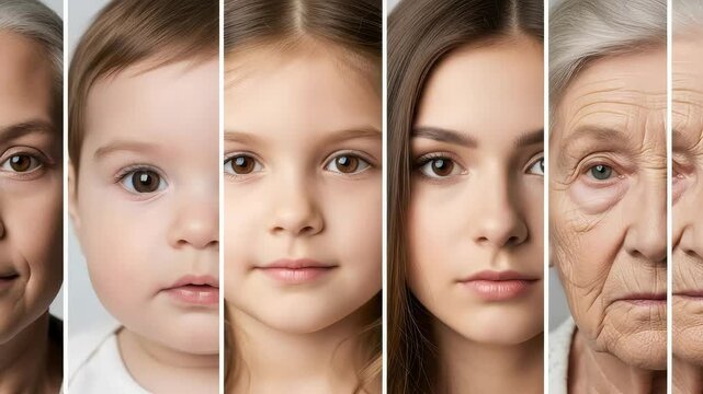 A visual journey through the human lifespan, showcasing faces from infancy to old age, highlighting the natural process of aging and lifes transformations