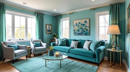 Serene teal living room oasis featuring plush seating and elegant teal drapes creating a tranquil and inviting atmosphere