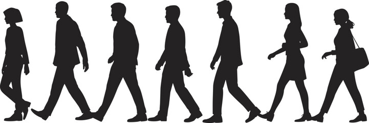 vector illustrationSilhouettes of diverse people walking in a line, male and female, casual style, urban life, movement, flat vector illustration