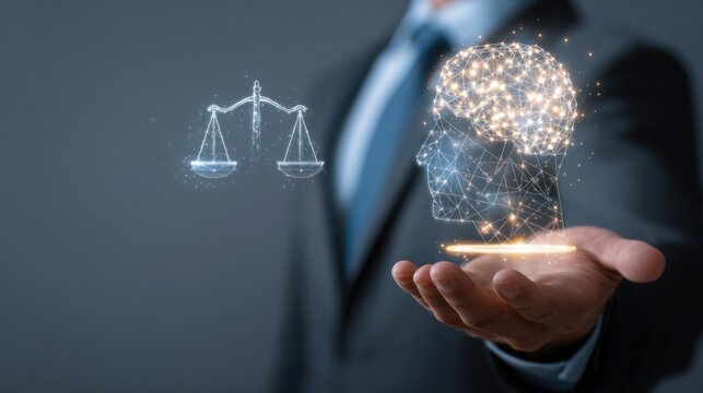 Justice and Intelligence: A conceptual image featuring a person in a formal suit, delicately holding digital representations of a scale of justice and a brain.