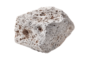 Close-up of a light gray, porous stone.  Rough, irregular, cubic shape.  Pockets and holes throughout