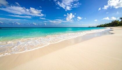 Fototapeta premium Sun-Kissed Paradise: Vibrant Turquoise Waves on a Secluded White Sand Beach