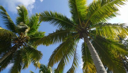 Sun-Kissed Palm Trees Reaching Towards a Bright Blue Tropical Sky from Below