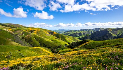 Obraz premium Sun-Kissed Rolling Hills Ablaze with a Vibrant Spring Wildflower Superbloom