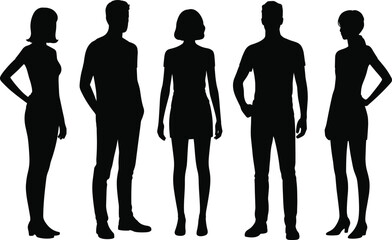people silhouette, male and female figures standing together, modern outfit, minimal style, youth vector art for design use