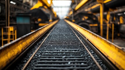 Industrial Conveyor Belt System: Yellow Rails and Coal Transportation