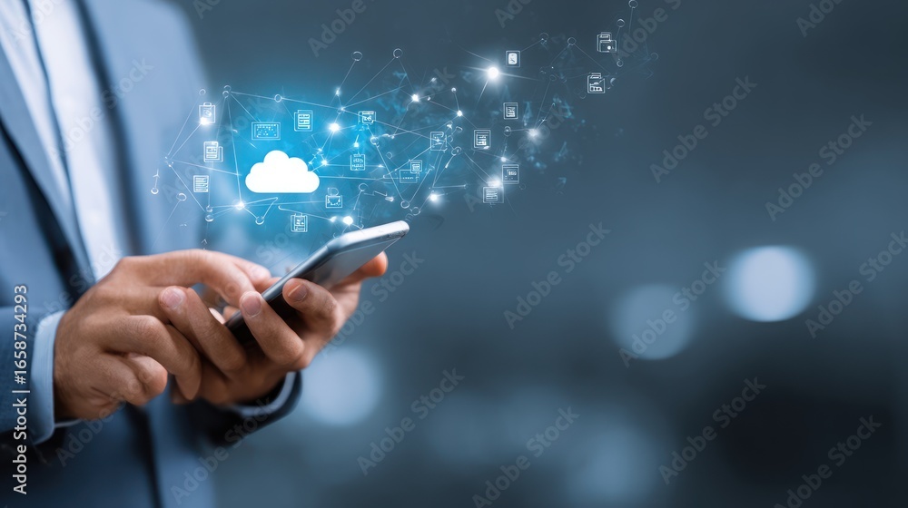 Poster digital cloud connection: a business person is shown connecting with a cloud via a smartphone