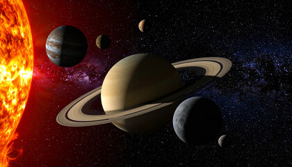 Naklejka premium Celestial Symphony: A visually stunning depiction of planets against a vast starry backdrop, featuring the radiant sun and intricate rings of Saturn, sparking wonder and a sense of cosmic scale.