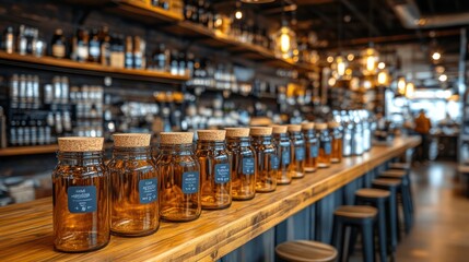 Artisanal Beverage Display: A warm and inviting interior scene of a restaurant with a collection of neatly arranged jars on the bar, bathed in the soft glow of ambient lighting.