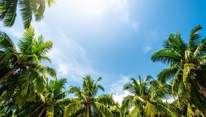 Fototapeta premium Sunlit Palm Tree Canopy Framing a Serene, Wispy Blue Summer Sky