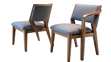 Two wooden chairs with blue upholstery on a white background showing the back and side view of one chair