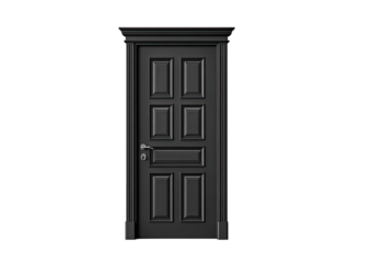 Dark, classic door against a black backdrop