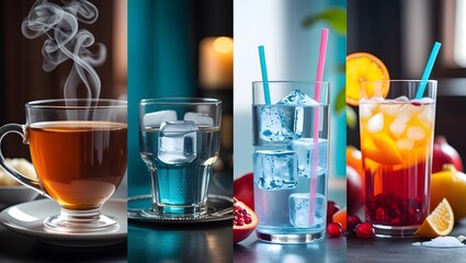 Creative Four-Part Beverage Artwork Featuring Tea, Water, Modern Drinks, and Fresh Juice
