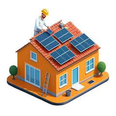 Worker installing solar panels on a bright orange house with a clear blue sky in the background during daytime hours