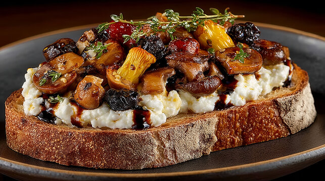 A plate of food with mushrooms and cheese on a toasted bread. The plate is on a table