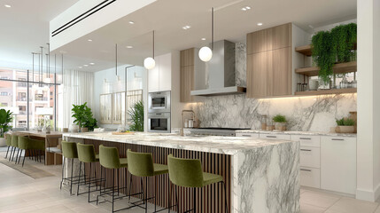 A large kitchen with a marble countertop and a green chair. The kitchen is very modern and spacious