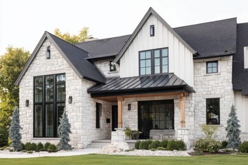 Obraz premium Elegant stone house with modern architecture and lush greenery in a tranquil suburban neighborhood, showcasing a welcoming front entrance and large windows during daylight