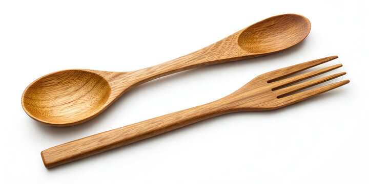 Wooden spoon and fork isolated on clean white background for kitchen essentials