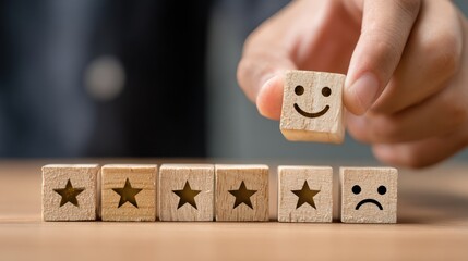 Feedback rating: A hand strategically places a smiling face wooden block to create a perfect score. This image embodies the essence of customer feedback.