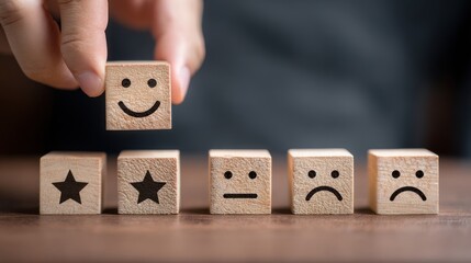 Customer Satisfaction Survey: A hand places a smiling face block atop a row of wooden blocks featuring different emoticons, representing various customer feedback levels.