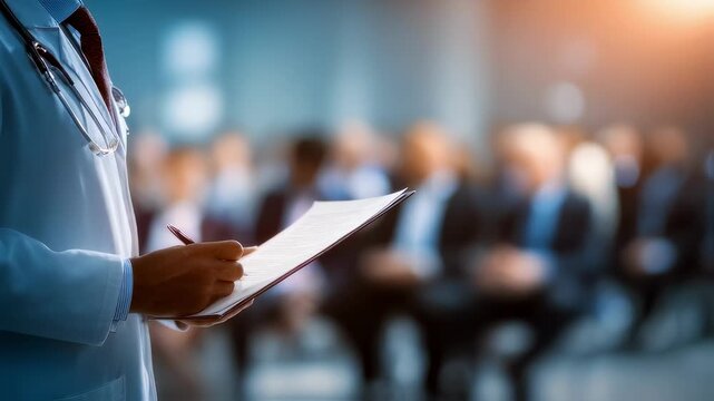 Sharp image of a medical expert holding documents engaging with a policy maker surrounding participants softly out of focus spotlighting debates on balancing telehealth and