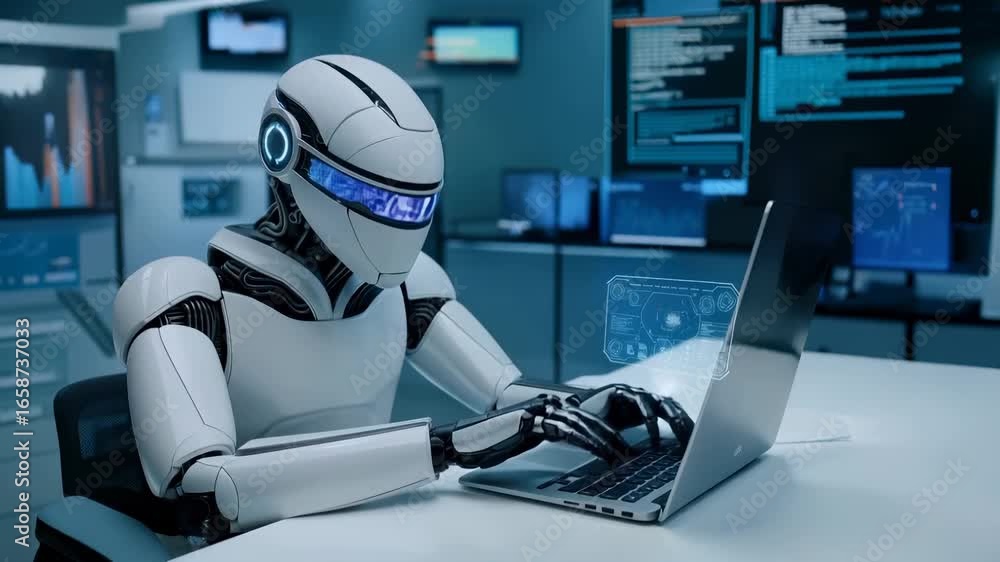Poster white humanoid robot with metallic body sits at laptop in high-tech control room. multiple digital s