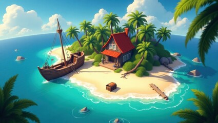 Tropical pirate island, turquoise water, white sandy beach, wrecked ship, dense palm trees, treasure chest half-buried, vibrant adventure feel, game environment concept